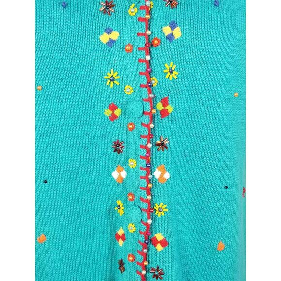 VINTAGE Embroidered Beaded Knit Sweater Southwestern Cardigan Unique Boho MED - Picture 6 of 11